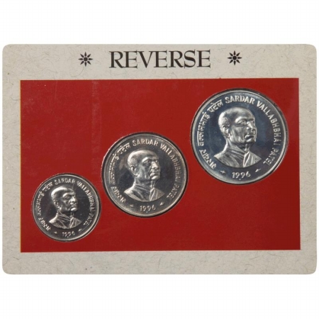 1996, UNC Set of 3 coins, 10, 50 and 100 Rs. Sardar Vallabhbhai Patel, Mumbai Mint. Scarce