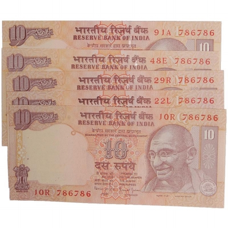 Rupees 10 (5), Sign: Y.V. Reddy and Bimal Jalan, Gandhi series, Fancy Number 786 786, all 