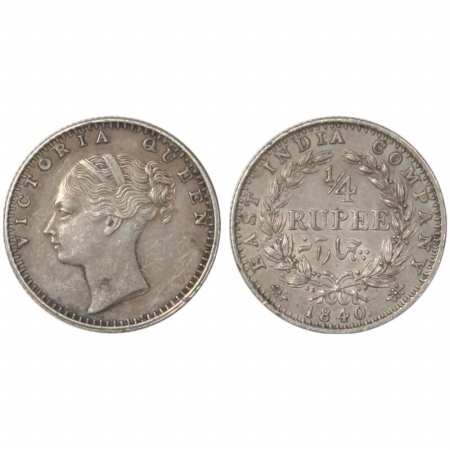 Victoria Queen, continuous legend, Silver 1/4 Rupee, 1840, Calcutta Mint, obv. India head,
