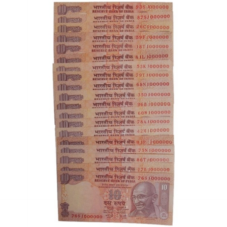 Rupees 10 (19), Sign: Three different governors, Fancy Number 100 0000 all the notes are d