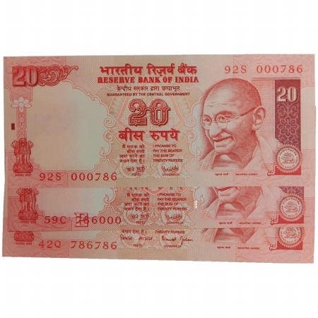 Rupees 20 (3), Sign: Bimal Jalan and Y.V. Reddy, Gandhi series, Fancy Number 786 786, 786 