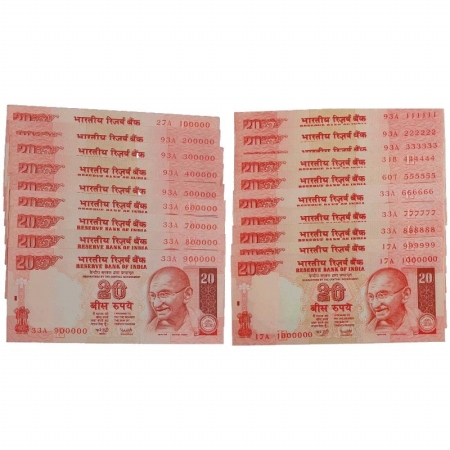 Rupees 20 (19), Sign: Y.V. Reddy, Gandhi series, Fancy Number 100 000 to 900 000 and 111 1