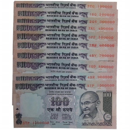 Rupees 100 (10), Sign: Y.V. Reddy, Gandhi series, Fancy Number 100 000 to 100 0000. (No 30