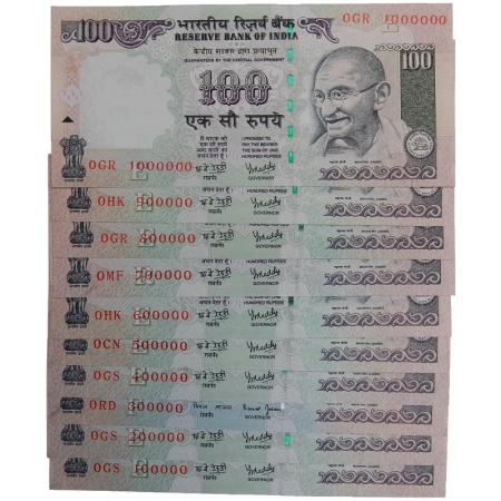Rupees 100 (10), Sign: Y.V. Reddy, Gandhi series, Fancy Number 100 000 to 100 0000. (10 No