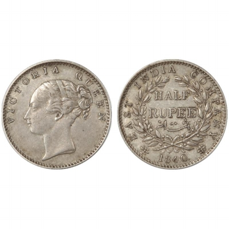 Victoria Queen, continuous legend, Silver 1/2 Rupee, 1840, Bombay Mint, obv. No initials, 