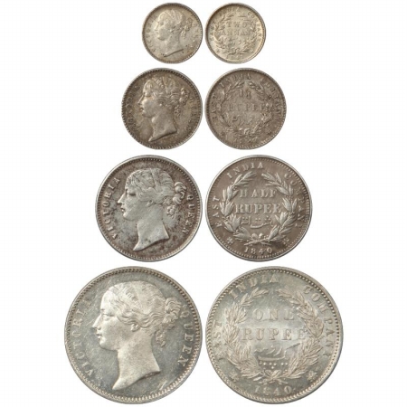 Victoria Queen, divided legend, Silver (4), Two Annas, 1/4 Rupee, 1/2 Rupee and Rupee, 184