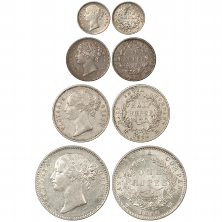 Victoria Queen, divided legend, Silver (4), Two Annas, 1/4 Rupee, 1/2 Rupee and Rupee, 184
