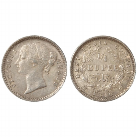 Victoria Queen, divided legend, Silver 1/4 Rupee, 1840, Calcutta Mint, obv. ‘W.W.’ raised,
