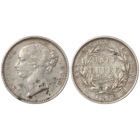 Victoria Queen, divided legend, Silver 1/2 Rupee, 1840, Madras Mint, obv. ‘S.W.W.’ incuse,