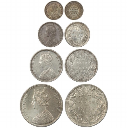 Victoria Queen, Silver (4), Two Annas, 1/4 Rupee, 1/2 Rupee and Rupee, 1862, (4 coins). Sc