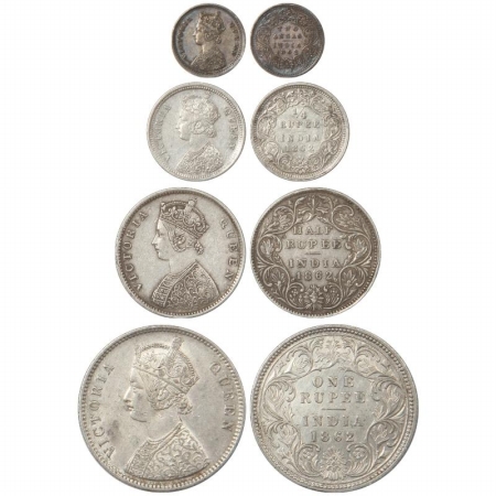 Victoria Queen, Silver (4), Two Annas, 1/4 Rupee, 1/2 Rupee and Rupee, 1862.(4 coins) Scar