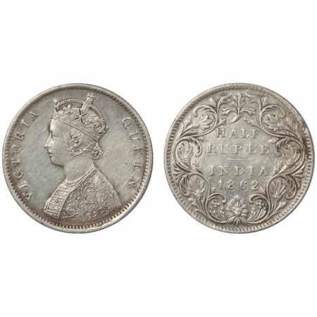 Victoria Queen, Silver 1/2 Rupee, 1862, obv. B1, rev. II. Scarce, Very Fine.