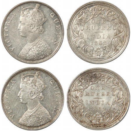Victoria Queen, Silver Rupee (2), 1862, Calcutta Mint, A/I/0/0 with Crescent and without C