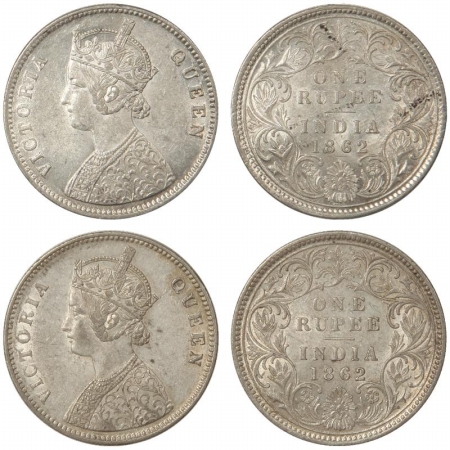 Victoria Queen, Silver Rupee (2), 1862, Madras Mint, B/II/0/0 and 1862, Bombay Mint, B/II/