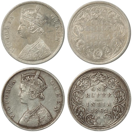 Victoria Queen, Silver Rupee (2), 1862, Calcutta Mint, A/II (a)/0/0, 4 Pineapples and 1862