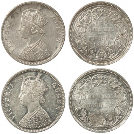 Victoria Queen, Silver Rupee (2), 1862, Bombay Mint, A/II/0/5, first coin with broken 'D' 