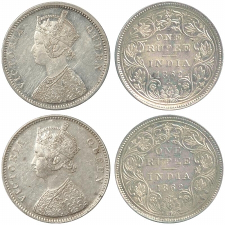 Victoria Queen, Silver Rupee (2), 1862, Bombay Mint, A/II/1/1, with Crescent and without C