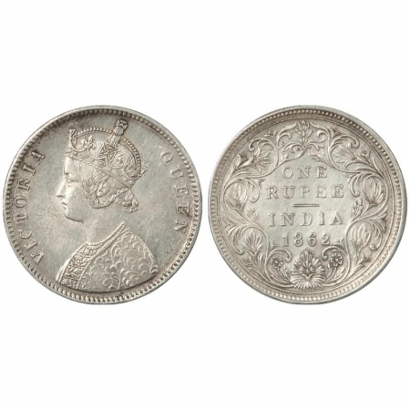 Victoria Queen, Silver Rupee, 1862, Bombay Mint, A/II/0/11, 11th dot below the 3rd dot. (P