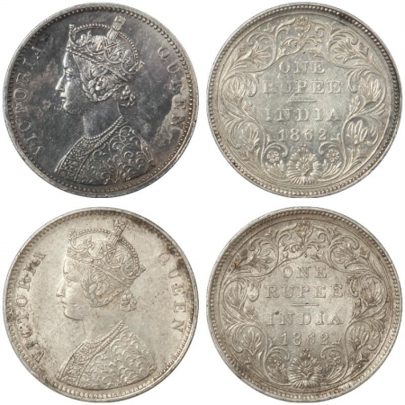 Victoria Queen, Silver Rupee (2), 1862, Bombay Mint, A/II/1/2, with Crescent and without C