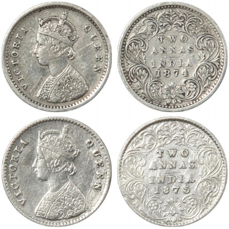 Victoria Queen, Silver Two Annas (2), 1874, Bombay Mint, A/I, No mm, 1875, Calcutta Mint, 