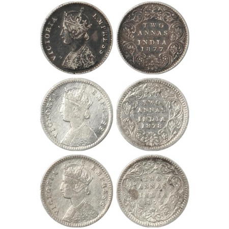 Victoria Empress, Silver Two Annas (3), 1877, Calcutta Mint, A/I, No mm, 1878, Calcutta Mi