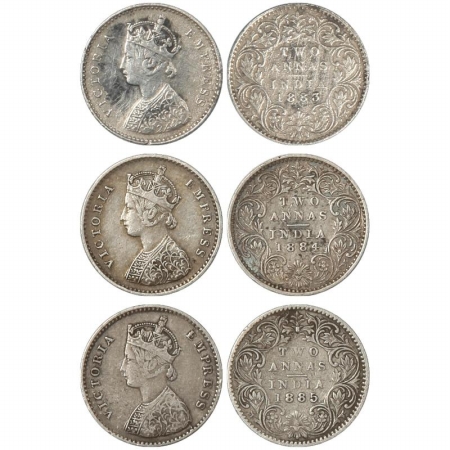 Victoria Empress, Silver Two Annas (3), 1883, Bombay Mint, A/I/dot, 1884, Bombay Mint, A/I