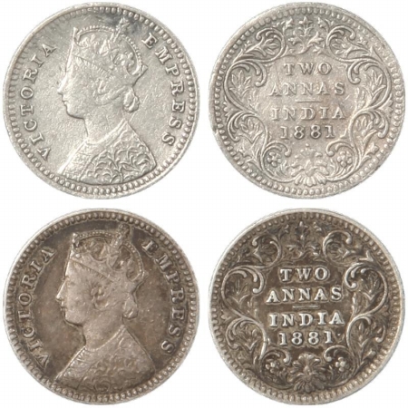 Victoria Empress, Silver Two Annas (2), 1881, Calcutta Mint, B/II, C incuse and 1881, Bomb
