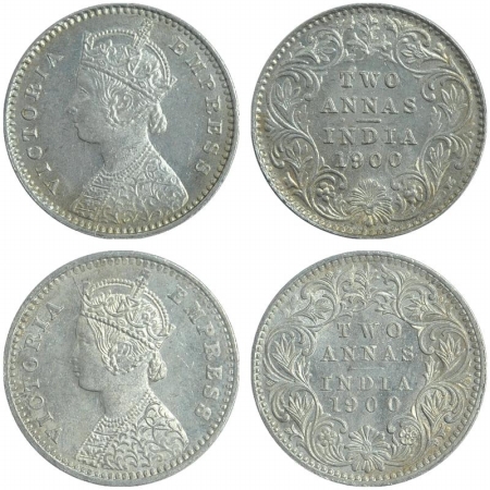 Victoria Empress, Silver Two Annas (2), 1900, Bombay Mint, B/I, B raised and Calcutta Mint