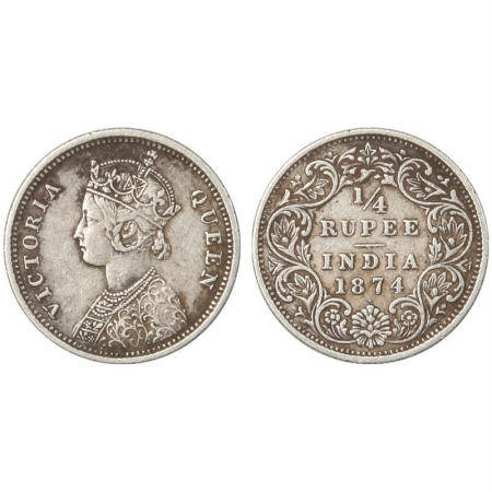 Victoria Queen, Silver 1/4 Rupee, 1874, Bombay Mint, A/I/dot. (Pr 405) Rare, Very Fine