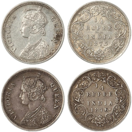 Victoria Queen, Silver (2), 1/4 Rupee, 1875, Calcutta Mint, A/I, No mm and 1876, Calcutta 