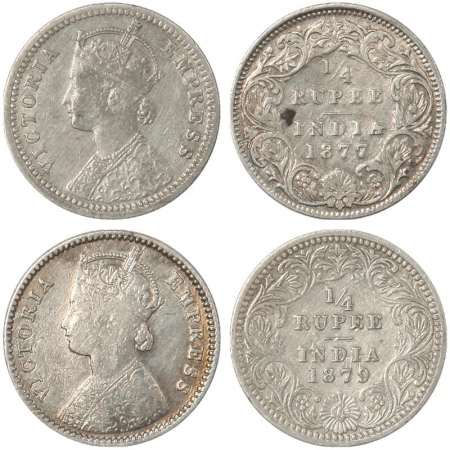 Victoria Empress, Silver (2), 1/4 Rupee, 1877, Calcutta Mint, B/I, No mm and 1879, Calcutt