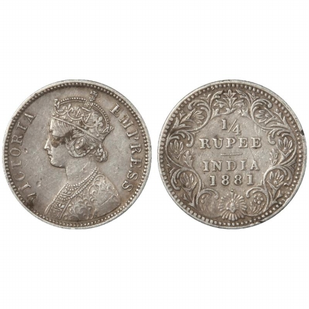 Victoria Empress, Silver 1/4 Rupee, 1881, Bombay Mint, A/II/dot. (Pr 410) Rare, About Very