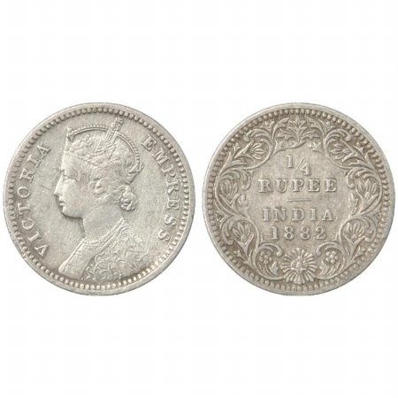 Victoria Empress, Silver 1/4 Rupee, 1882, Calcutta Mint, C/II, C incuse. (Pr 387) Rare, Fi