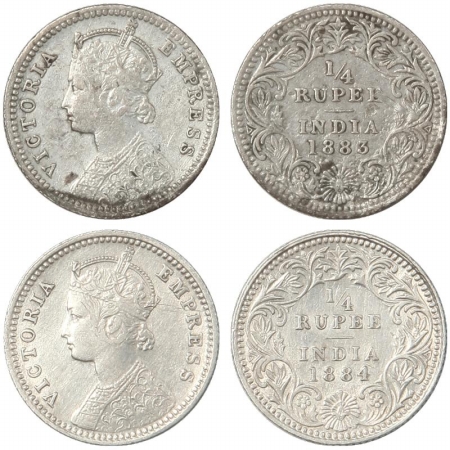 Victoria Empress, Silver (2), 1/4 Rupee, 1883, Calcutta Mint, C/II, C incuse and 1884, Cal