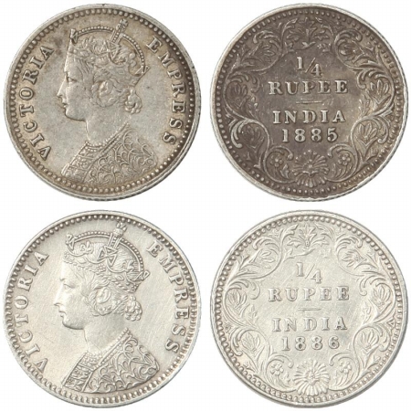 Victoria Empress, Silver (2), 1/4 Rupee, 1885, Calcutta Mint, C/II, C incuse and 1886, Bom