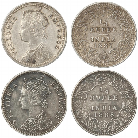 Victoria Empress, Silver (2), 1/4 Rupee, 1887, Calcutta Mint, C/II, C incuse and 1888, Bom