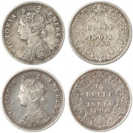 Victoria Empress, Silver (2), 1/4 Rupee, 1889, Bombay Mint, C/II, B incuse and 1890, Bomba