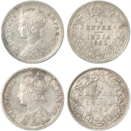 Victoria Empress, Silver (2), 1/4 Rupee, 1891, Calcutta Mint, C/II, C incuse and 1892, Bom