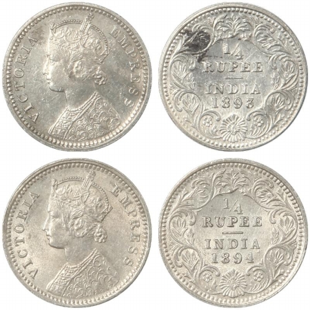 Victoria Empress, Silver (2), 1/4 Rupee, 1893, Calcutta Mint, C/II, C incuse and 1894, Cal