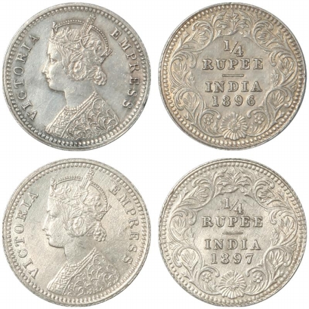 Victoria Empress, Silver (2), 1/4 Rupee, 1896, Calcutta Mint, C/II, C incuse and 1897, Cal
