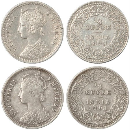 Victoria Empress, Silver (2), 1/4 Rupee, 1898, Calcutta Mint, C/II, C incuse and 1901, Cal