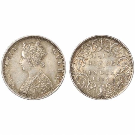Victoria Queen, Silver 1/2 Rupee, 1874, Bombay Mint, B2/II/dot.(Pr 285) Rare, Extremely Fi