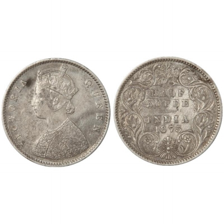 Victoria Queen, Silver 1/2 Rupee, 1875, Calcutta Mint, A/I, No mm. (Pr 260) Rare, Very Fin