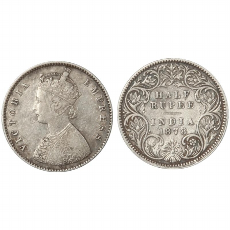 Victoria Empress, Silver 1/2 Rupee, 1878, Calcutta Mint, A/I, No mm. (Pr 262) Rare, About 