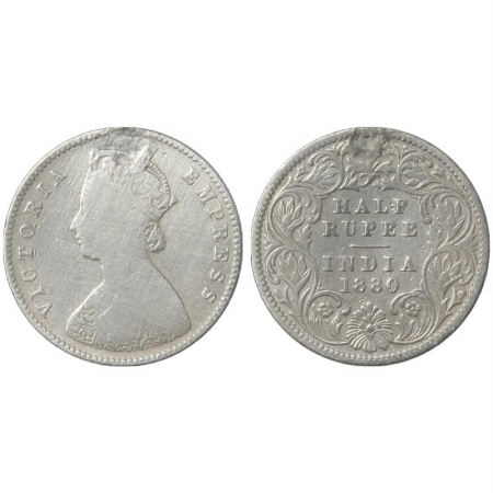 Victoria Empress, Silver 1/2 Rupee, 1880, Calcutta Mint, A/I, C incuse, mount removed. Fin