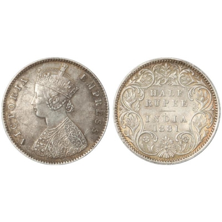 Victoria Empress, Silver 1/2 Rupee, 1881, Calcutta Mint, A/I, C incuse.(Pr 265) Very Rare,