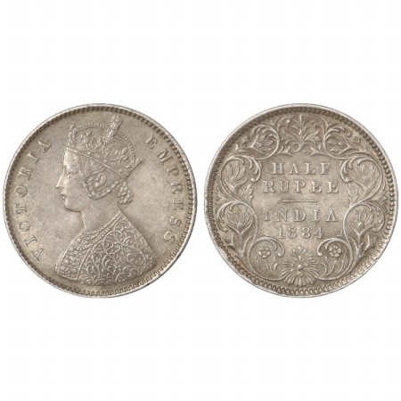 Victoria Empress, Silver 1/2 Rupee, 1884, Calcutta Mint, A/I, C incuse. (Pr 268) Very Rare