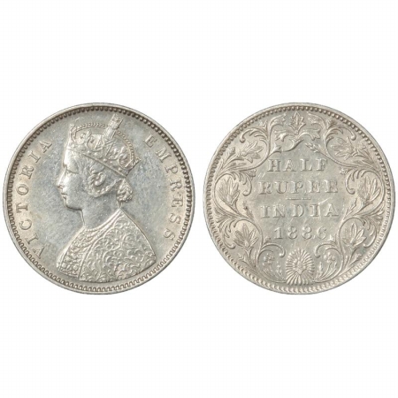 Victoria Empress, Silver 1/2 Rupee, 1886, Bombay Mint, A/II, B raised. (Pr 295) Scarce, Ve