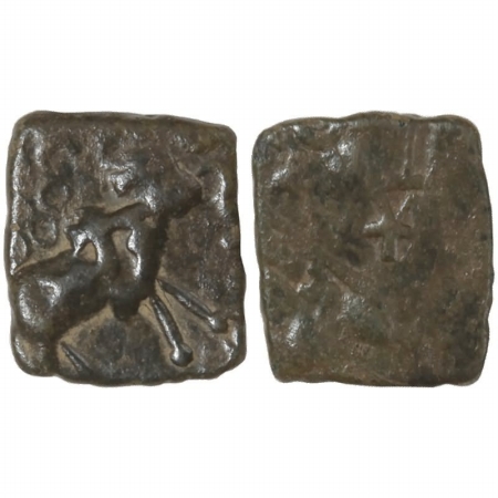 Satavahanas, Copper, 2.80g, standing bull type, legend out of flan, restruck on a Saurasht