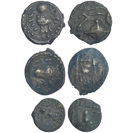 Pallavas, Vishnukundin type, Copper (3), 0.94, 1.79 and 0.54g, stylized conch-shell in a r